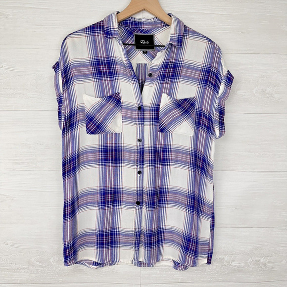 Rails Britt Plaid Button Up Shirt Women XS Cap Short Sleeve Blue White Western - Picture 2 of 13
